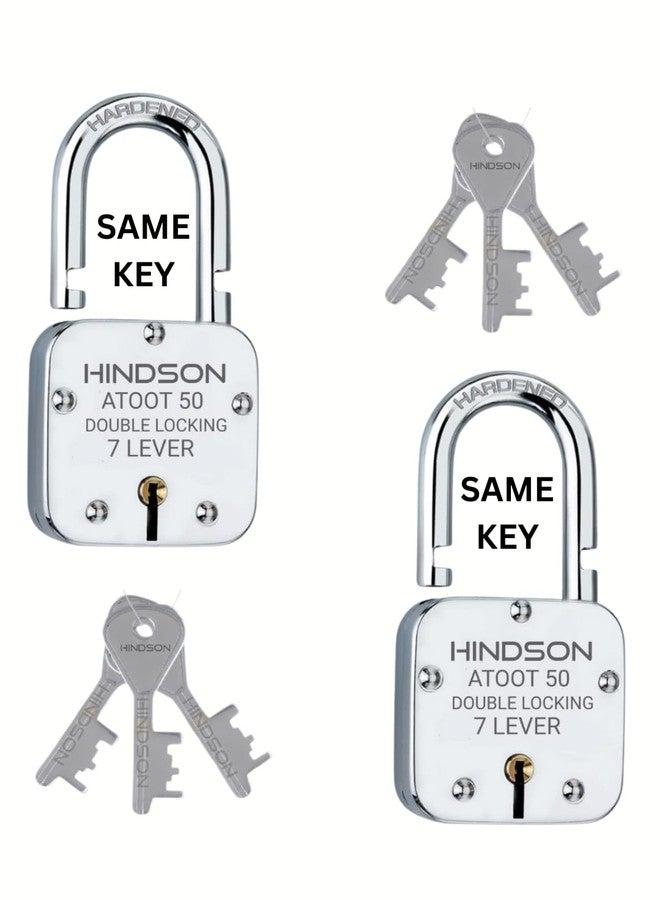HINDSON Same Key Atoot 50mm Square Padlock, Pack of 2 Locks with 6 Same Keys, Double Locking Padlock with Hardened Shackle & 7 Lever Mechanism for Door, Gate & Shutter (Silver Finish) - Image 1